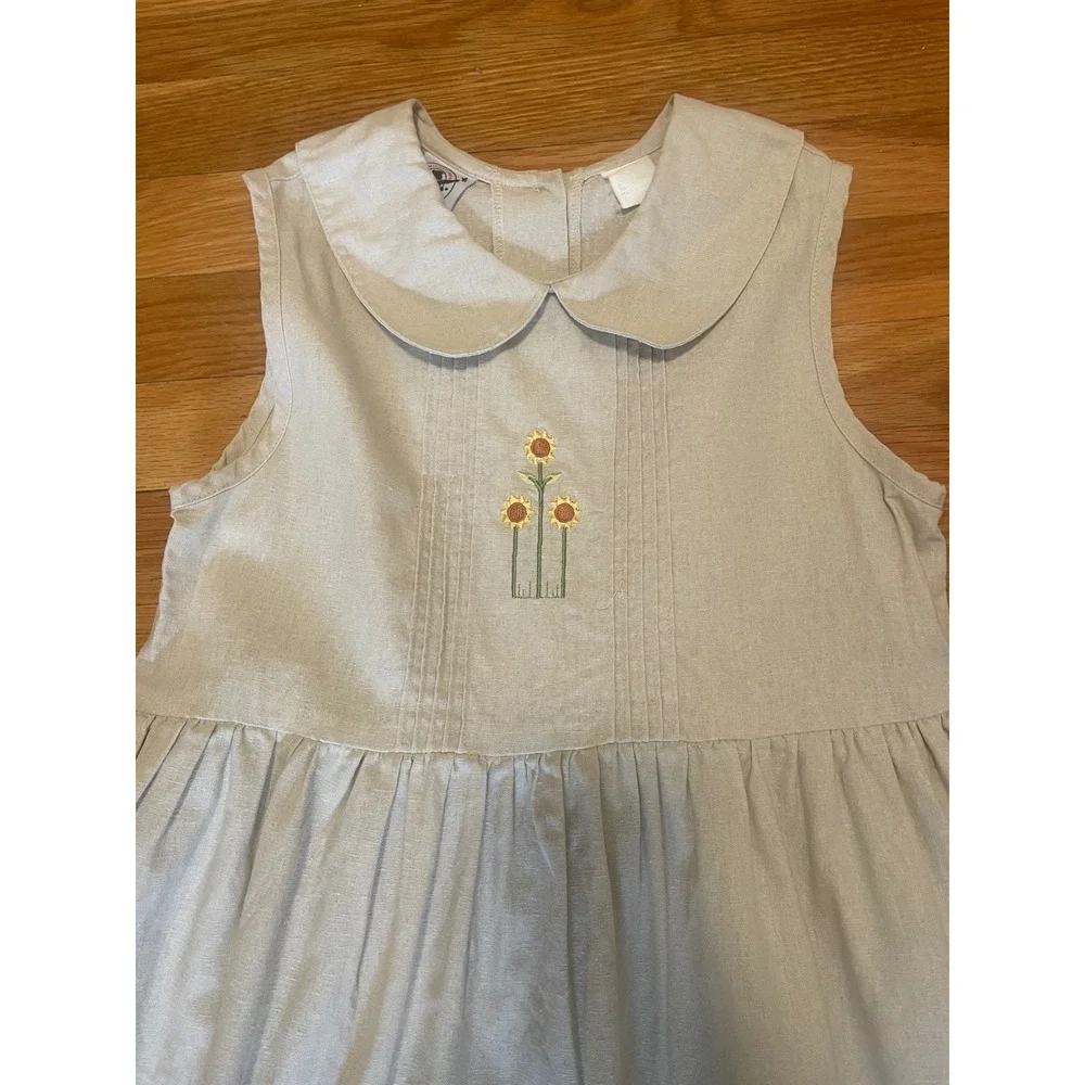 Good Lad Vintage Dress Beige Linen Sunflower Embroidered Peter Pan Collar Size 8